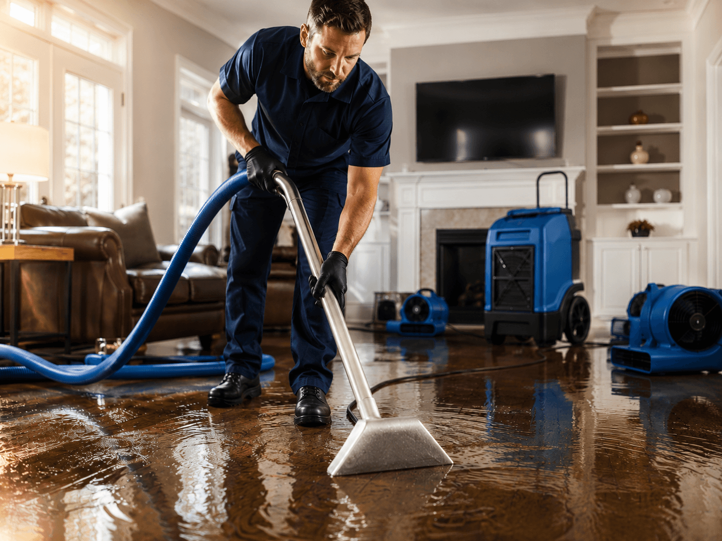 Water damage restoration professional extracting flood water from home